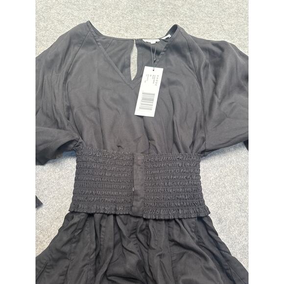 Rhode Olivia Black Smocked Waist Mini Dress XS NWT Long Sleeve Ruffle Hem - Picture 6 of 9